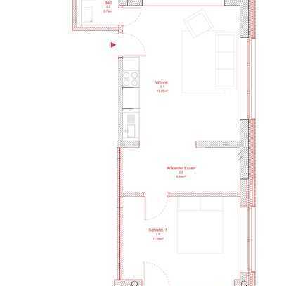 Beeindruckende 1,5-Raum-Wohnung Fischgräte Eichenparkett, Küche und Terrasse.