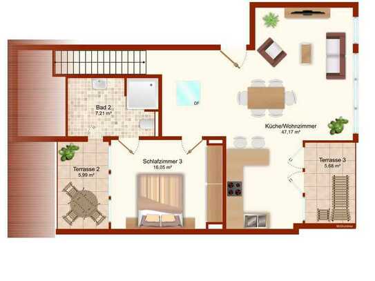 Luxuriöse Maisonette-Penthaus-Wohnung (Neubau), 5-6 Räume, 2 Bäder, 3 Loggien (144m²) - Whg. 04
