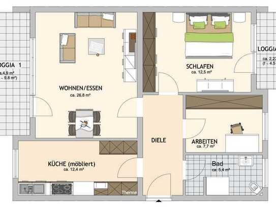 Taghelle Dreizimmerwohnung im Hochparterre: Einbauküche, zwei Balkone, kernsaniert