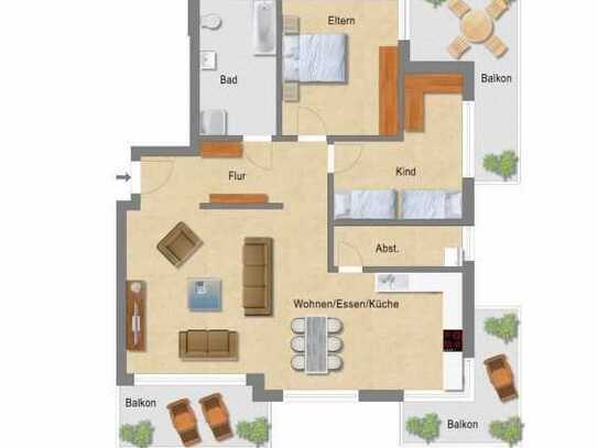 Geschmackvolle 3,5-Raum-Wohnung mit 3 Balkonen und Luxus EBK in Langenbeutingen