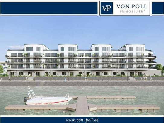 Neubauwohnung mit atemberaubendem Panoramablick auf die Marina – Großes Wohnzimmer mit XXL-Ausblick