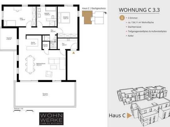 Whg C 3.3. - 3 Zimmer - Dachgeschoss mit 2 Dachterrassen