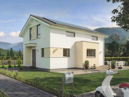 Bauen mit Bien-Zenker: Gemütliches Einfamilienhaus mit Eingangsüberdachung und Rechteck-Erker