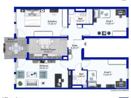 Guter Schnitt, zentrale Lage, grüner Innenhof, 4-Zimmer, 2 Bäder, ideal für eine Familie