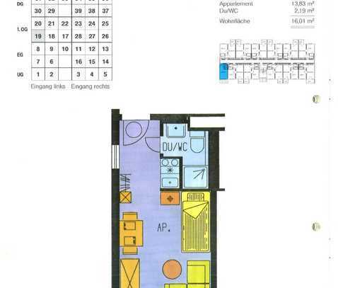 OHNE MAKLER ! PROVISIONSFREI

Gepflegtes 1 Zi-Appartement im 1. OG mit PKW-Abstellplatz, sofort frei