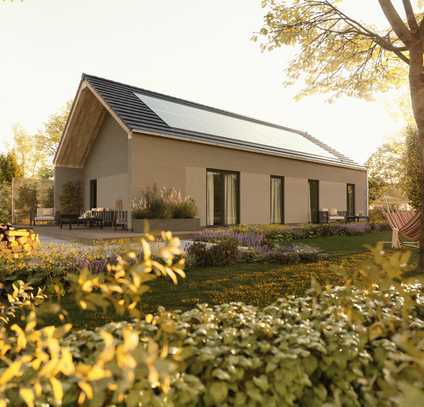 Moderner Bungalow mit überdachter Terrasse im Baugebiet.