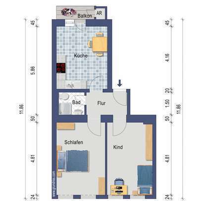 Helle, ruhige 2,5-Zimmer-Wohnung mit Balkon. Garagenanmietung möglich.