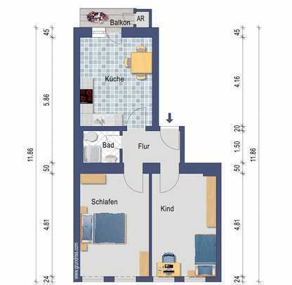 Helle, ruhige 2,5-Zimmer-Wohnung mit Balkon. Garagenanmietung möglich.