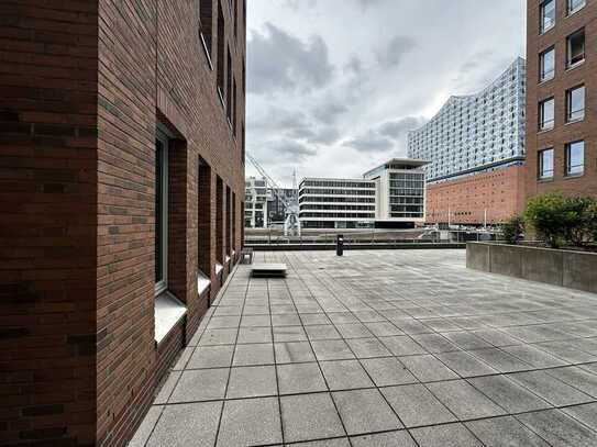 Flexible Büroflächen an der Elbphilharmonie mieten. Ausblick und Terrasse: unbezahlbar!