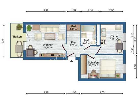 Gemütliche 2-Zimmer-Wohnung im 2. Obergeschoss mit Balkon und Badewanne