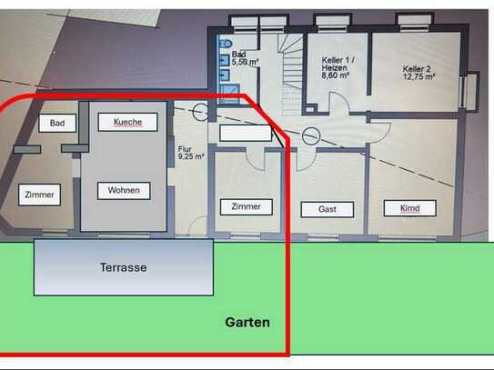 Vermiete Wohnung 65 qm mit Garten ca. 200qm