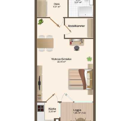 Erbpacht – Freie 1-Zimmer-Wohnung mit West-Loggia & Duplex-Stellplatz