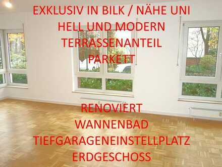 EXKLUSIV IN BILK NÄHE UNI PARKETT TERRASSE WANNENBAD HELL + MODERN RENOVIERT TIEFGARAGENEINSTELLPL.