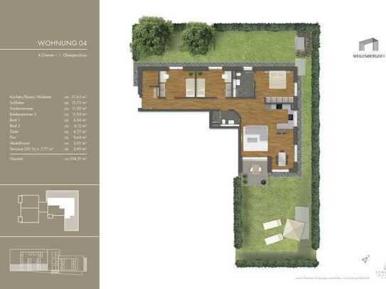 BAUSTELLENBERATUNG 22.05.2024 17 - 18:30 Uhr – Modern geschnittene 4 Zi.-Whg. mit gr. Gartenanteil