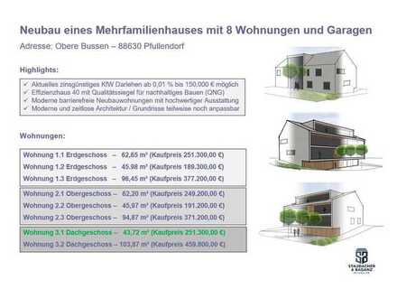 Exklusive DG Neubauwohnung (Nr. 3.1) mit 43,72m² in ruhiger Lage von Pfullendorf