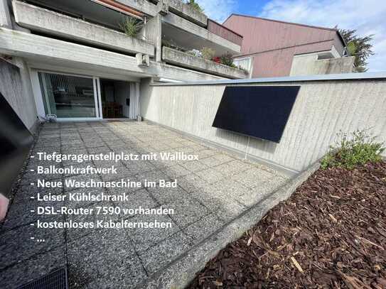 Möblierte, 1 Zimmer Whg. mit Terrasse. Ruhige Höhenlage, Tiefgaragenstellplatz mit Wallbox, Solar.