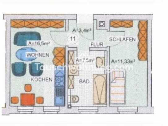 Tauschwohnung: Kompakte Wohnung, 38 m2, mit großem Bad und Wohnküche