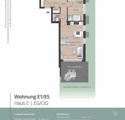 E1 - Großzügige 3 Zimmer Gartenwohnung, lichtdurchflutet und großzügig geschnitten mit 83 qm Garten