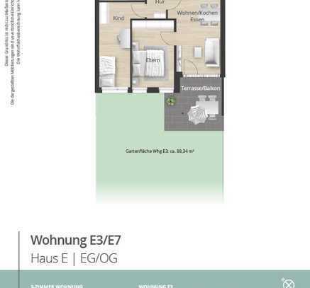 E3 - Kompakte und moderne 3 Zimmer EG-Wohnung mit großem Garten, offener Wohn-Essbereich uvm