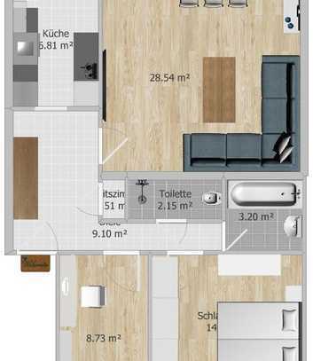 79 m² - NE-Derikum, 3.0 Zi., Küche, Diele, Bad; Balkon zur Südseite mit Markise; Keller und Garage;