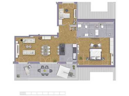 3-Raum-Penthouse mit ca. 26 qm großer Sonnen-Dachterrasse, auf Wunsch mit offenem Kamin
