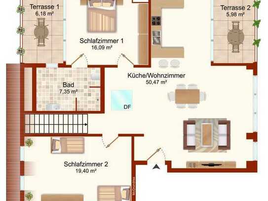 Luxuriöse Maisonette-Penthaus-Wohnung (Neubau), 4 Räume, 2 Bäder, 2 Loggien (130m²) - Whg. 05