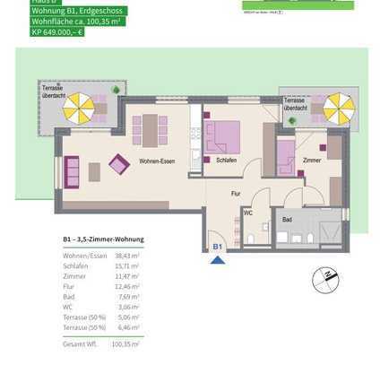 3,5 Zimmer Wohnung mit 2 Terrassen ,großem Garten,2 WC 's und Tageslichtbad