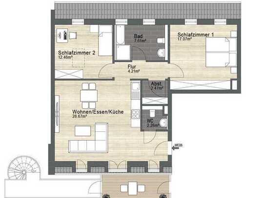 3- Zimmer Wohnung im Dachgeschoss, Erstbezug im Zentrum