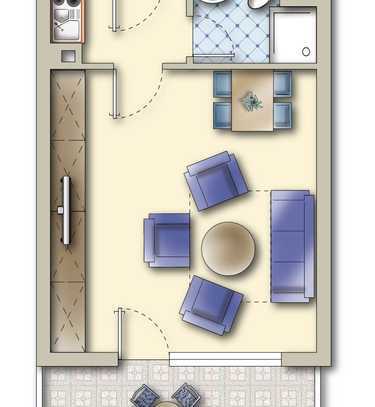 1-Zimmer-Apartment, mit großem Sonnenbalkon, Duschbad, Kochnische, auf Wunsch mit TG-Stellplatz zu v