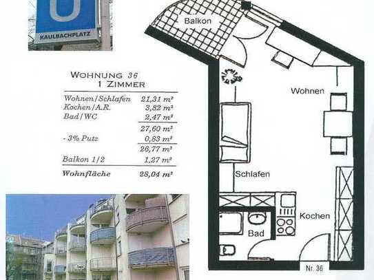 Schönes Appartement (1 Zi, EBK, Balkon) für Singles, Pendler, Studenten - U-Bahn vor der Haustür