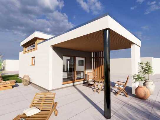 One Crystal 30: Kleiner Bungalow mit Flachdach und Carport - ein Effizienzhaus vom S&G-Architekten