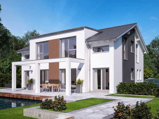 CELEBRATION 192 V4 – Elegantes Zweifamilienhaus mit Pultdach-Querhaus XL und Terrassenpergola XL