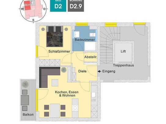 Westausrichtung, Abstellraum, Optimale 2 Zimmer im zweiten Obergeschoss mit Aufzug | D2.9