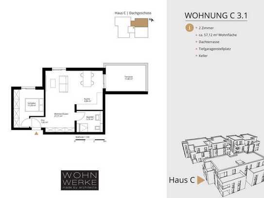 Whg C 3.1. - 2 Zimmer - Dachgeschoss mit Dachterrasse