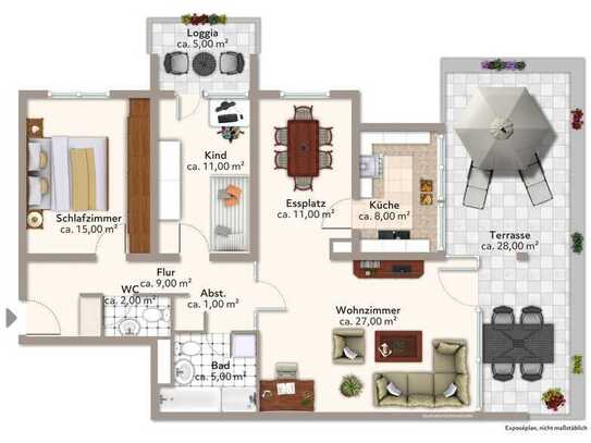 Helle und freundliche 3,5 ZKB-Wohnung mit ca. 28 qm Terrasse, TG-Stellplatz in Botnang