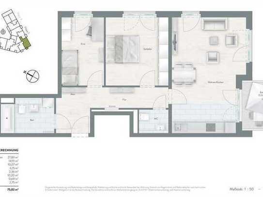 Modern 3 Zi., 75 sq.m | Pasing | Teilmöbliert | 1 O.G. | Südbalkon & Parking