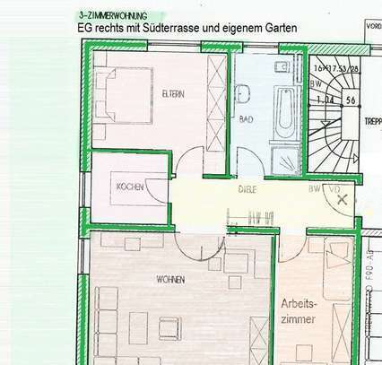 NUR 2 PERSONEN Exklusive, ruhige, 3-Zimmer-EG-Whg. mit Parkettbödem, Süd-Terrasse und eig. Garten