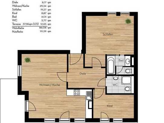 großzügige 3 Zimmer-Wohnung mit Küche, luxuriösem Bad und großer Dachterrasse