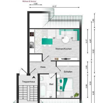 Perfekt aufgeteilte 2- Zimmer Dachgeschosswohnung in gefragter Lage mit drei Stellplätzen!