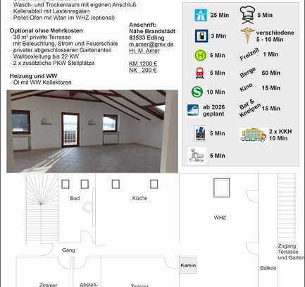 Sehr helle durchflutete DG, 3,5-Zimmer Wohnung mit Balkon, Terrasse und privaten Garten