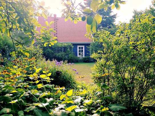 Norwegisches Holzhaus mit Wärmepumpe und großem, naturnahen Garten am Waldrand