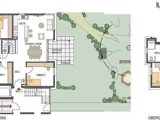 Raffinierte 5-Zi-Maisonette im EG + OG mit Garten, 2 Bädern und Abstellraum