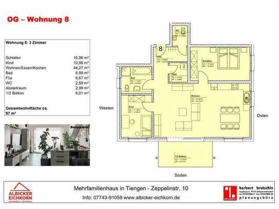 3 Zi. OG mit Balkon ca. 97 m² - Wohnung 12 - Zeppelinstr. 10, 79761 Waldshut-Tiengen - Neubau