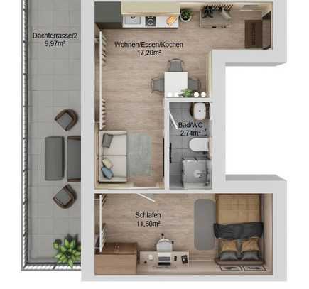 2-Zimmer Wohnung mit 20qm Dachterrasse mit Westausrichtung