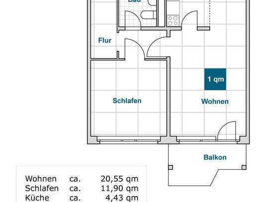 2-Zimmer-Wohnung mit Aufzug und Balkon.