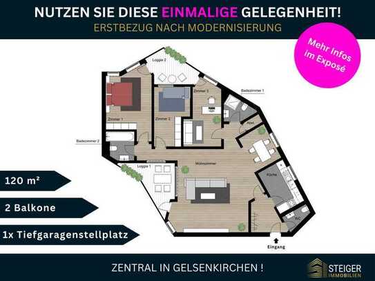 DIREKT AM MUSIKTHEATER! 4 Zimmer + 2 Loggien + Tiefgaragenstellplatz + 2 Badezimmer + Gäste WC