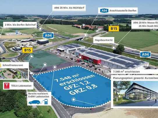 A94/B15 Dorfen, 7.550 m², voll erschlossen, direkt an McDonald, Burger King, Hagebau, E-Ladeparks