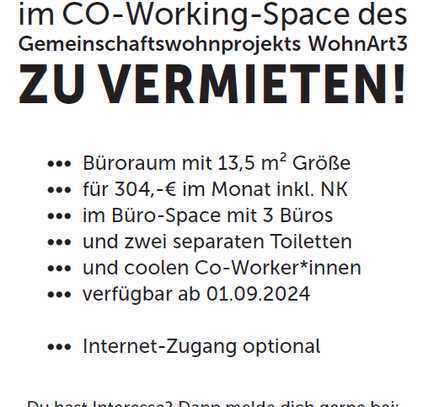 Büroraum im Co-Working Space des Gemeinschaftswohnprojekts WohnArt3 zu vermieten