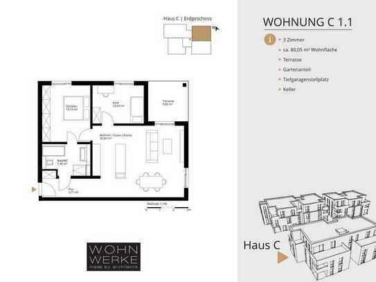 Whg C 1.1. - 3 Zimmer - Erdgeschoss mit ca. 71 m² Gartenanteil