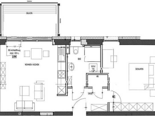 Moderne Zwei-Raum Wohnung mit großem Balkon.
